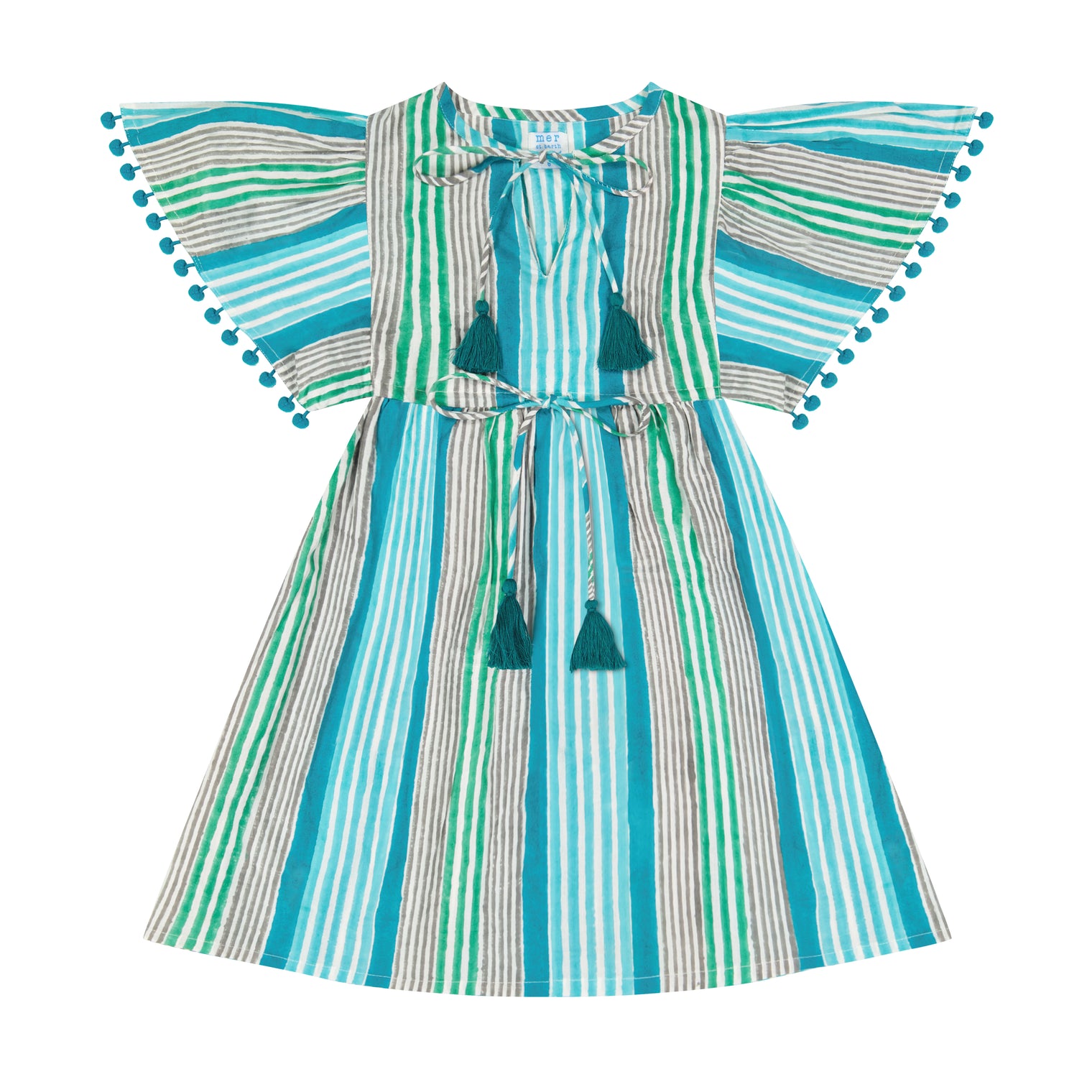 Margaux Girls Flutter Sleeve Dress Green Multi Stripe