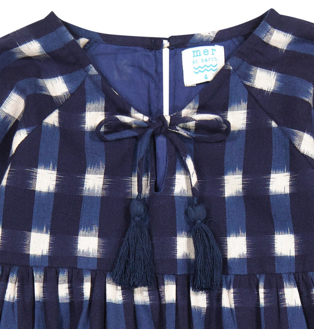 Sara Girl's Popover Dress Midnight Blue Ikat