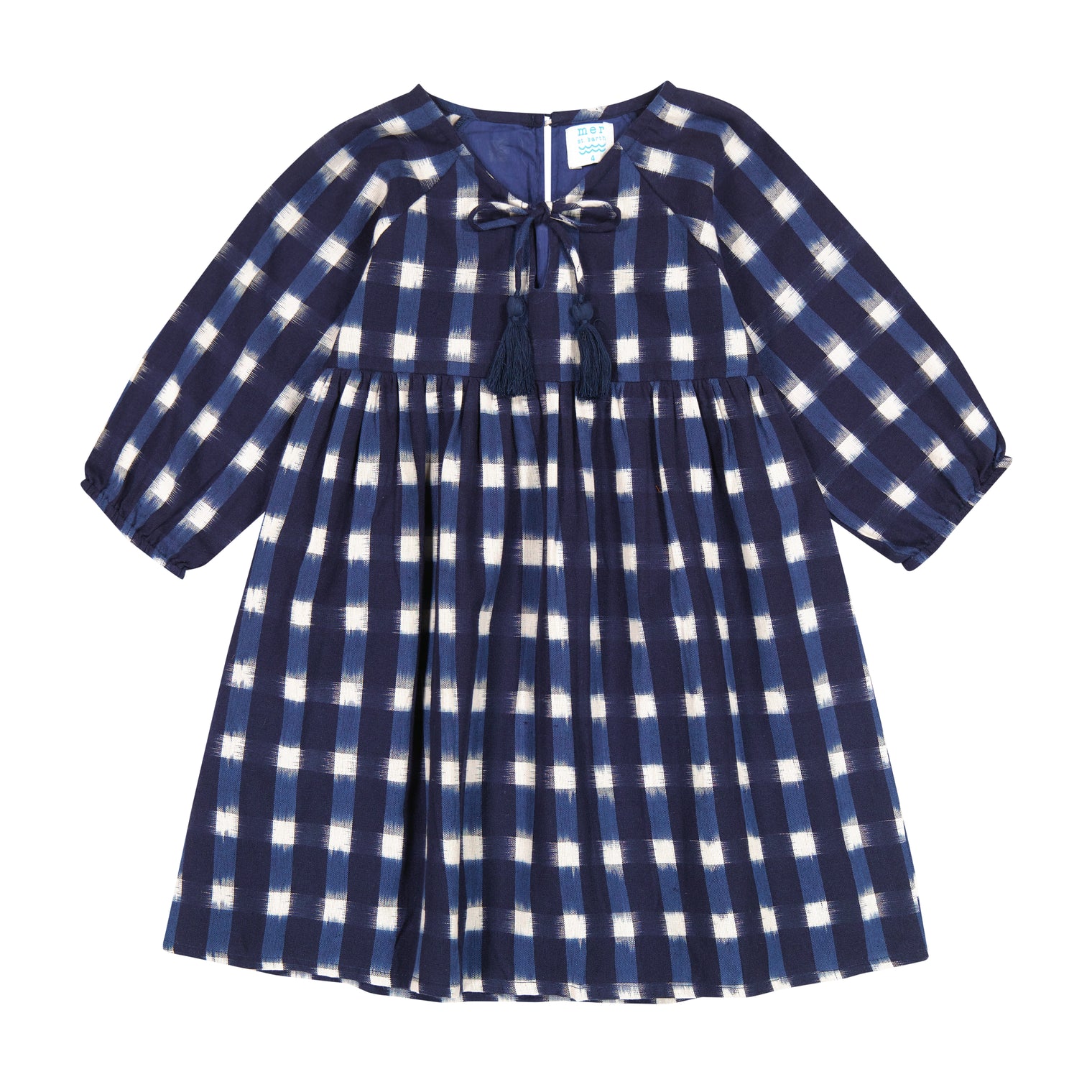Sara Girl's Popover Dress Midnight Blue Ikat