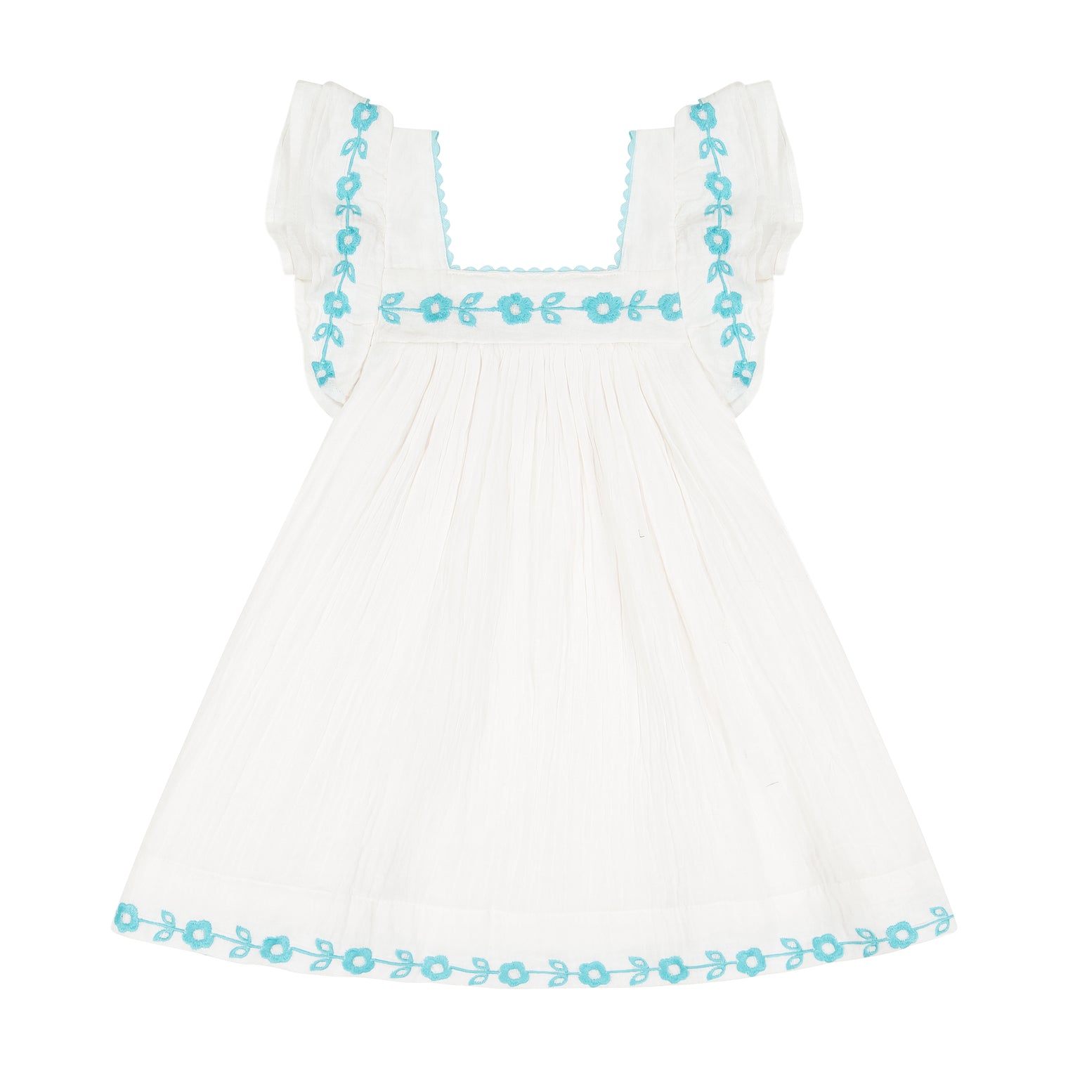 Serena Girls Tassel Dress Aqua Floral Embroidery