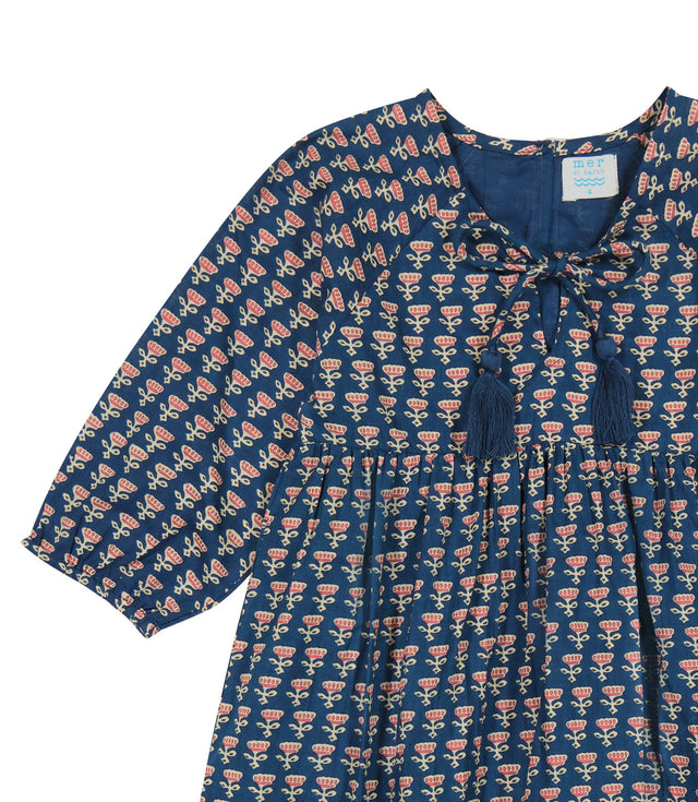 Sara Girl's Popover Dress Blue Floral Block Print