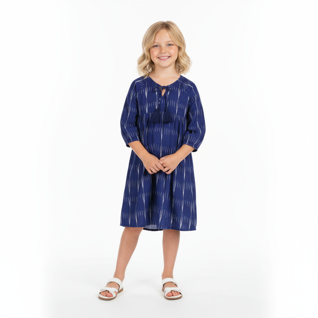 Sara Girl's Popover Dress Indigo Ikat