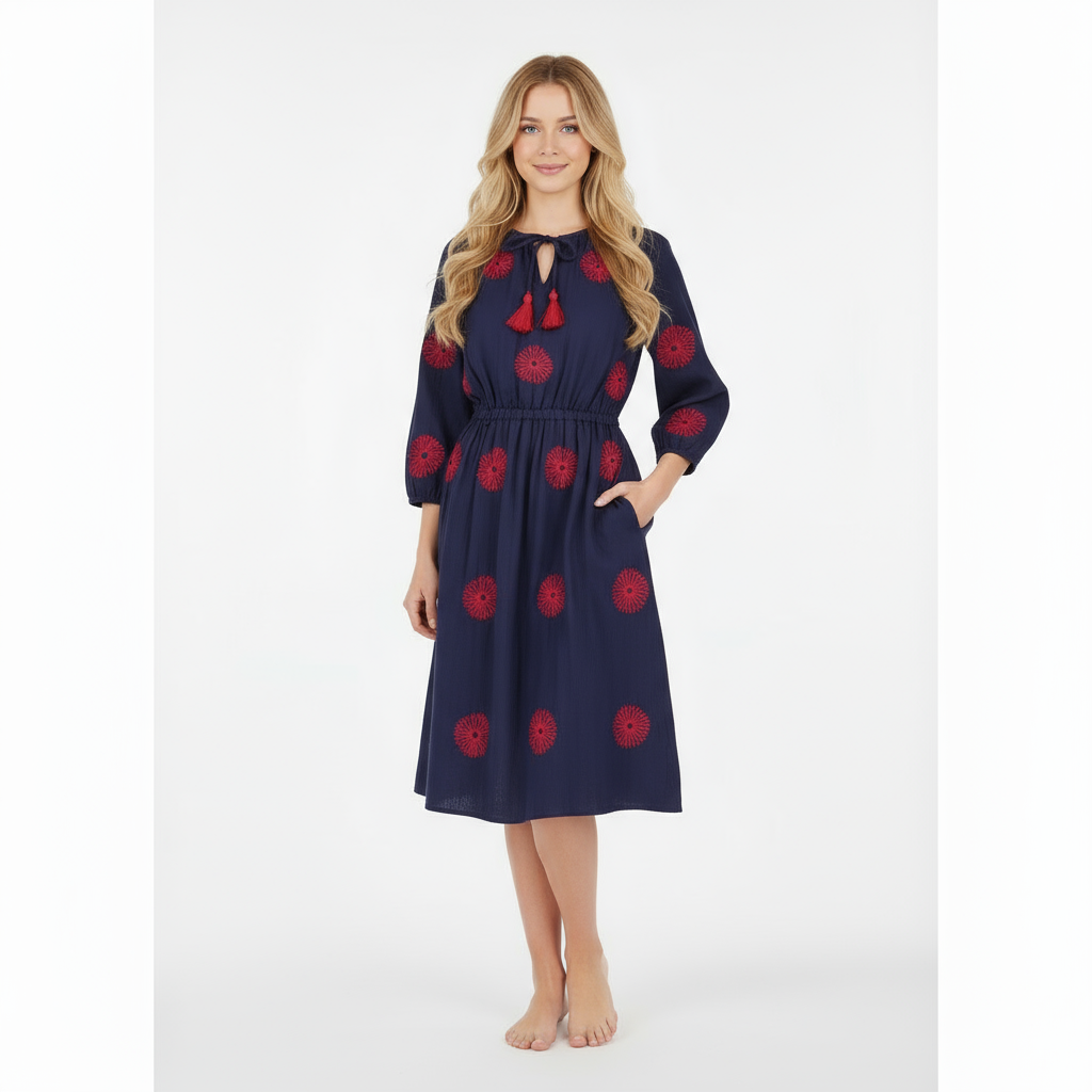 Solange Women's Popover Dress Navy Flower Embroidery