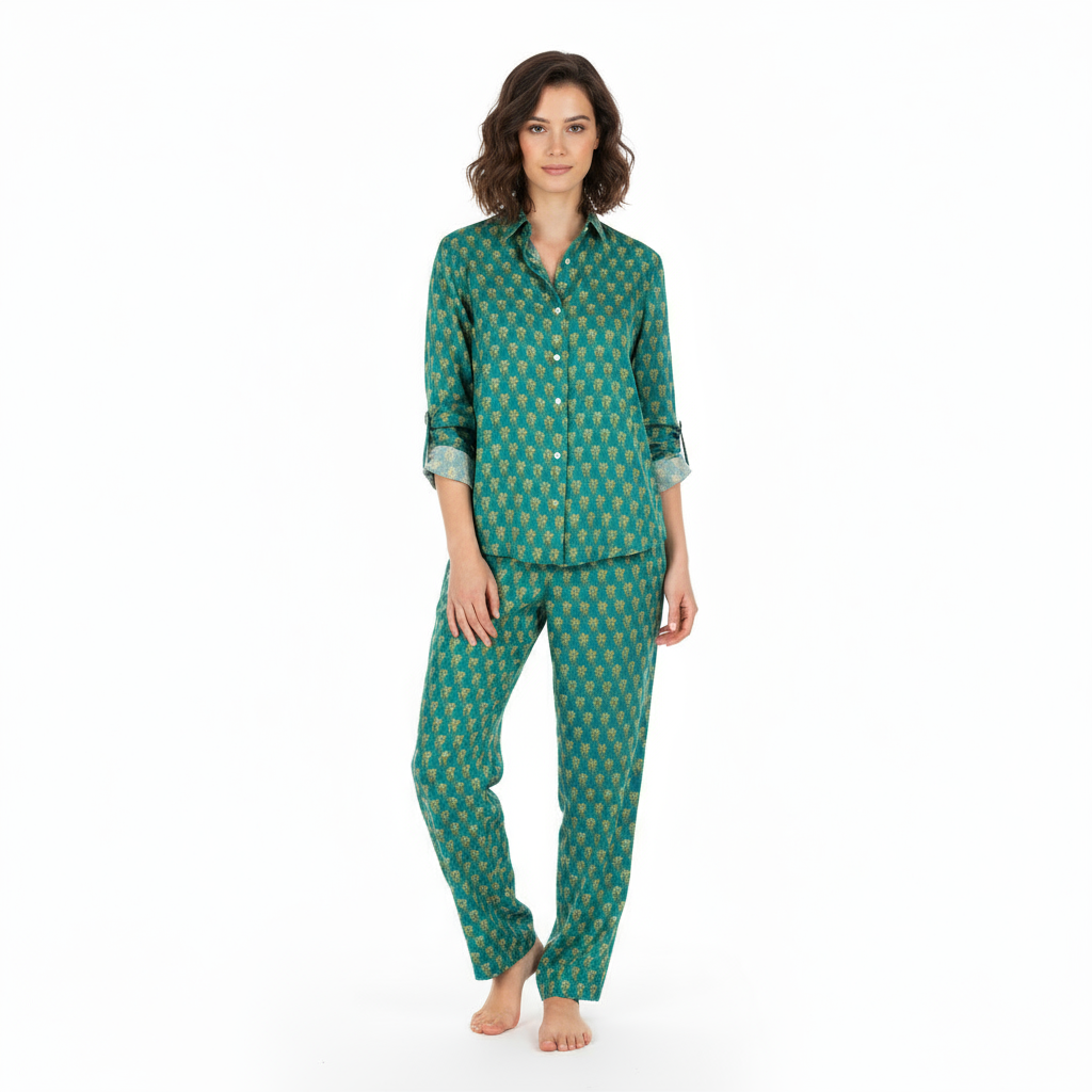 Clementine Womens Top & Pant Set Green Palm