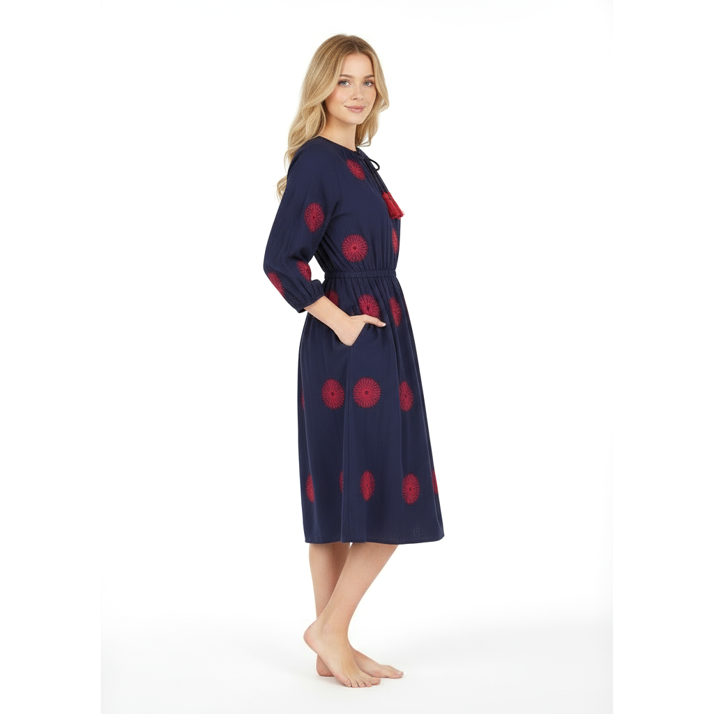 Solange Women's Popover Dress Navy Flower Embroidery