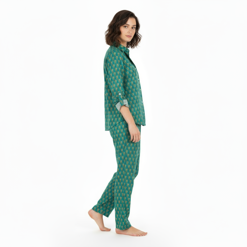 Clementine Womens Top & Pant Set Green Palm