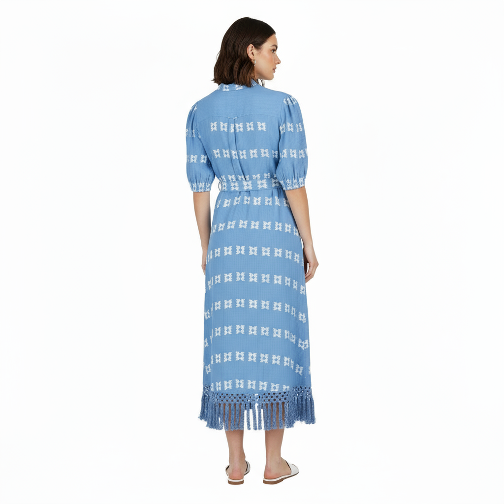 Estelle Womens Fringed Shirtdress Sky White Embroidery