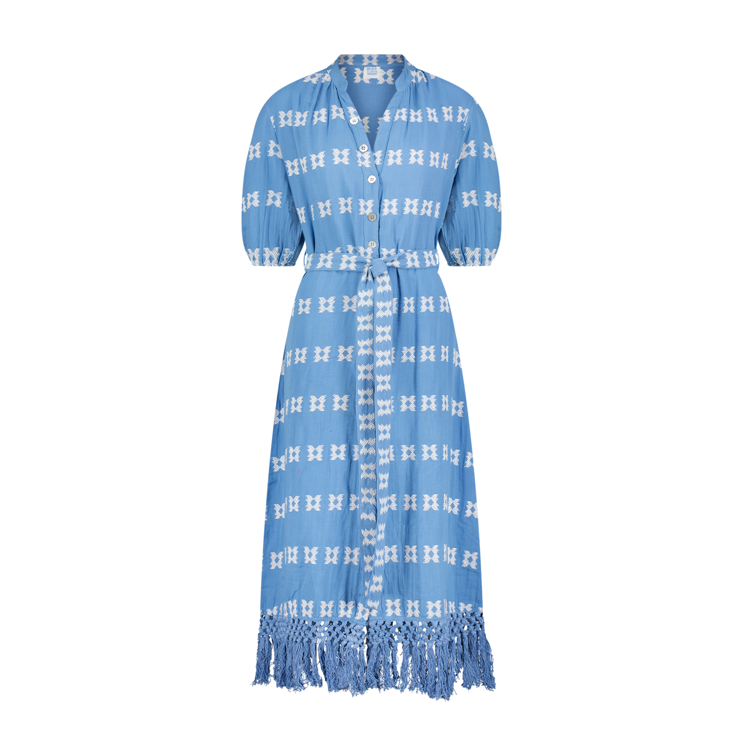 Estelle Womens Fringed Shirtdress Sky White Embroidery