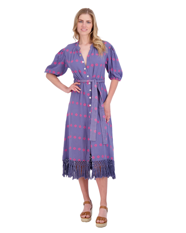 Mer St Barth Estelle Women's Fringed Shirtdress Periwinkle Embroidery