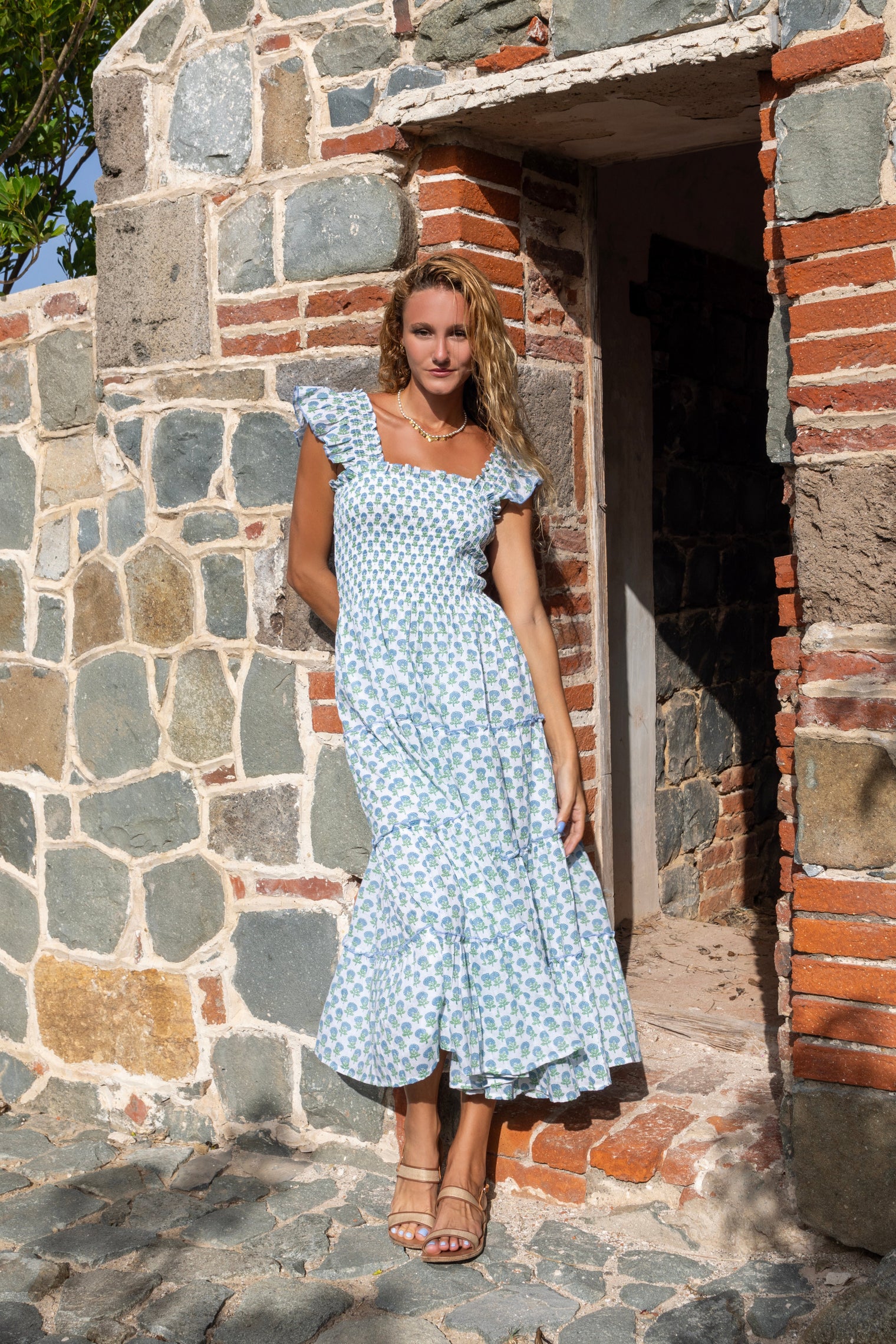 Mer St Barth Paloma Women's Maxi Dress Aqua Floral Block Print