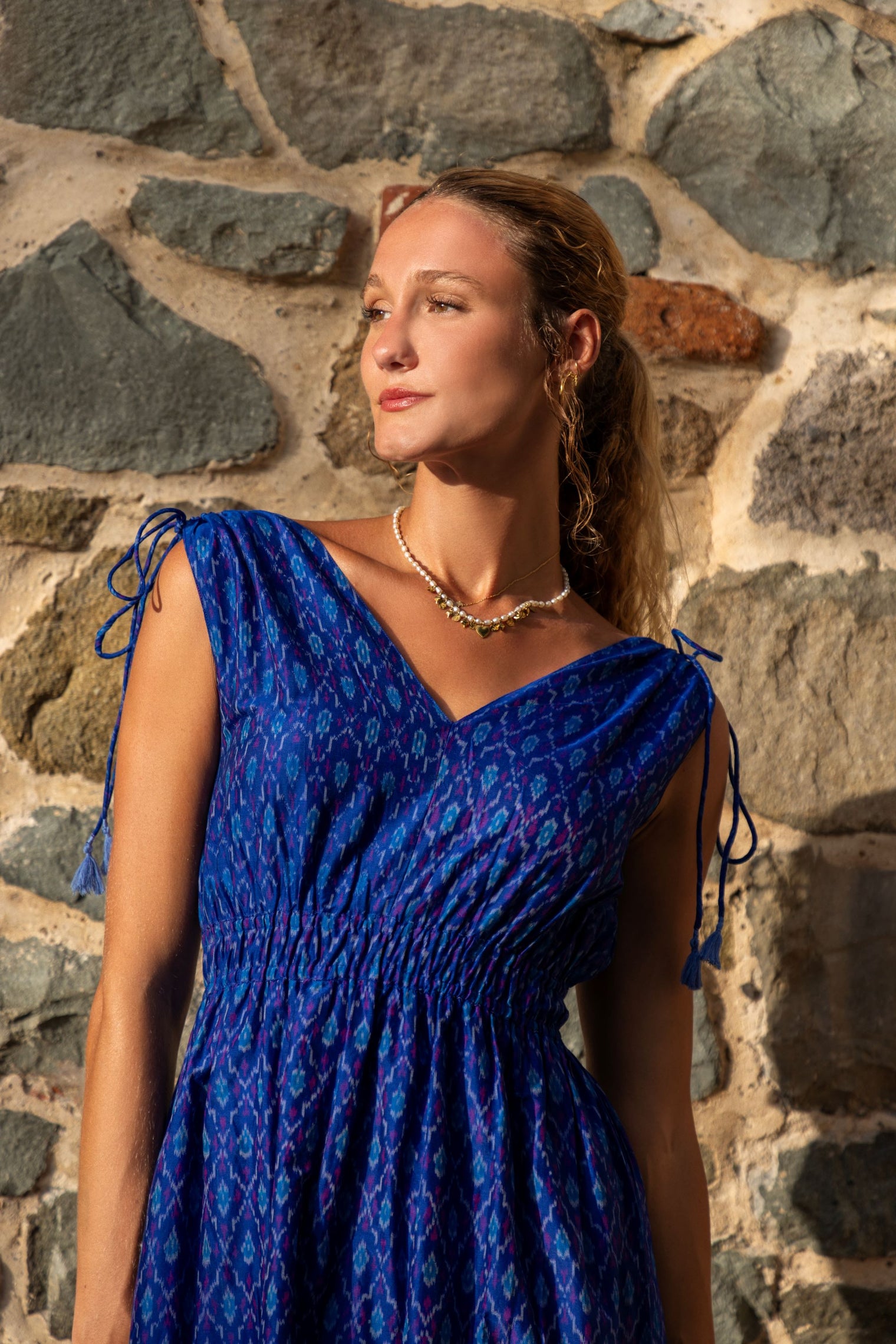 Noemie Women's Shoulder Tie Dress Cobalt Ikat
