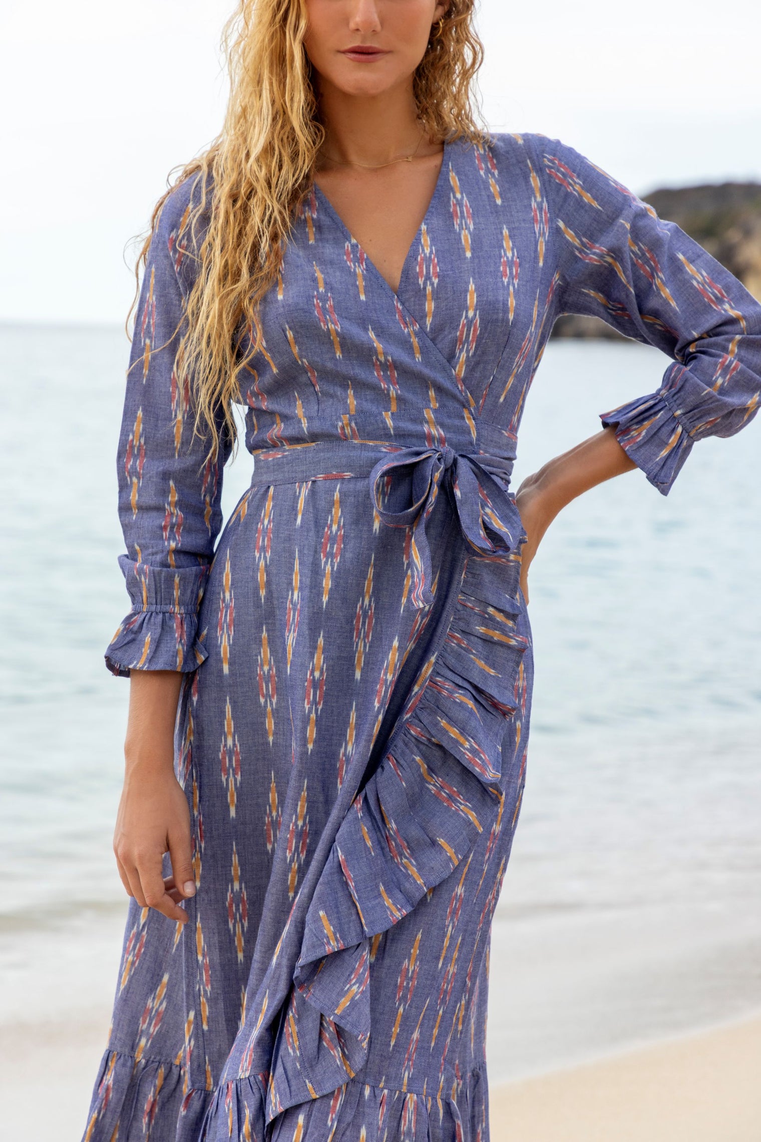 Genevieve Women's Ruffle Wrap Dress Chambray Ikat
