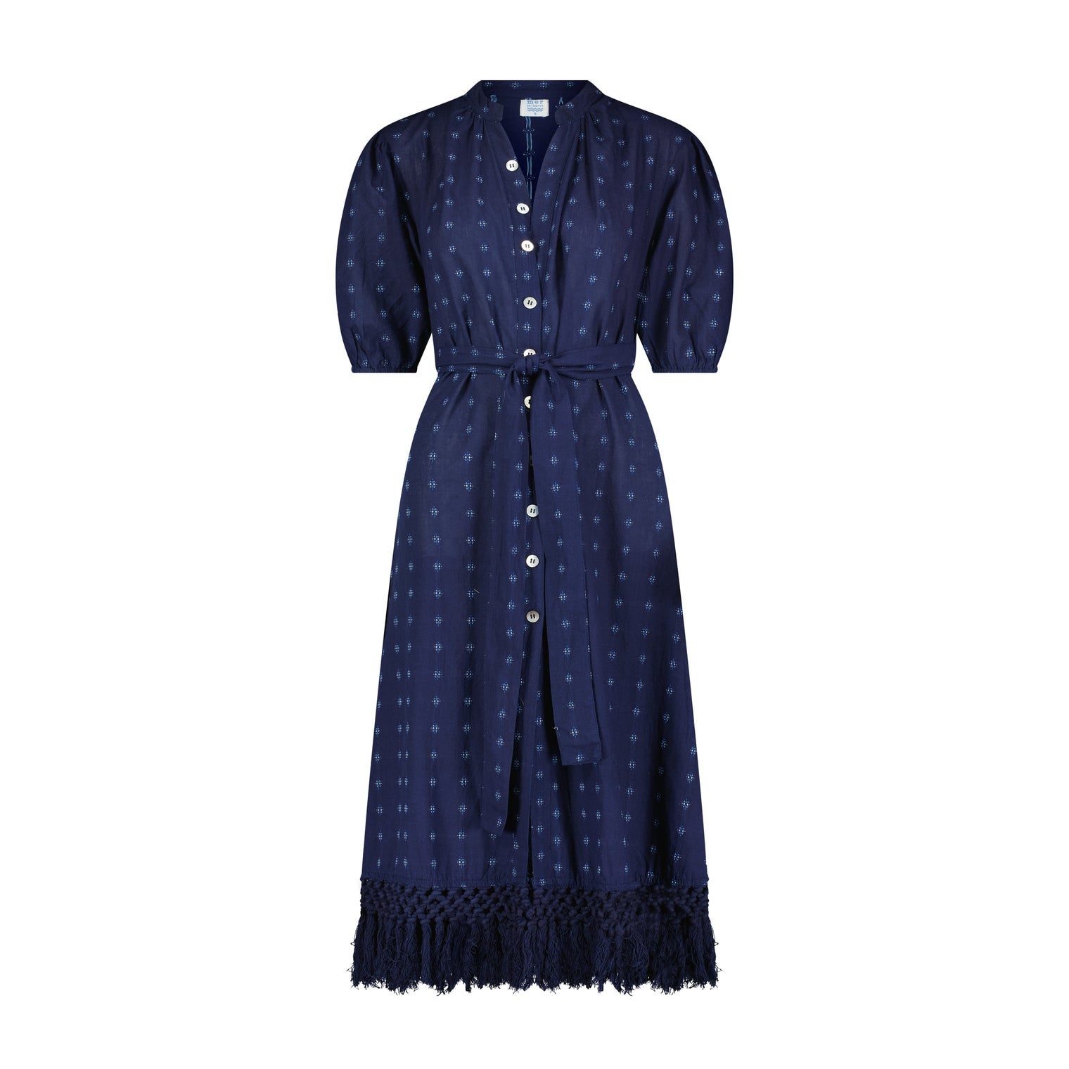 Estelle Women's Fringed Shirtdress Navy Turquoise Swiss Dot