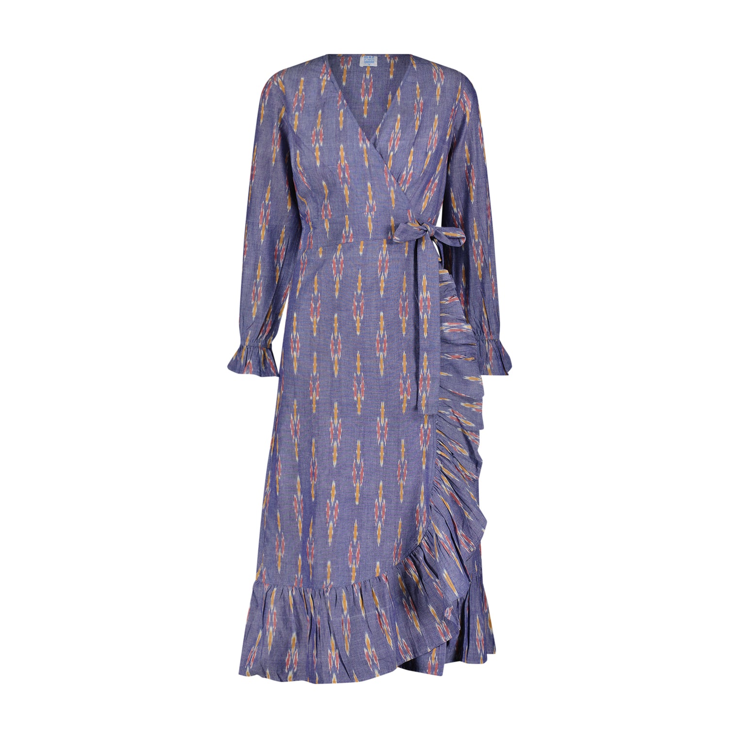 Genevieve Women's Ruffle Wrap Dress Chambray Ikat