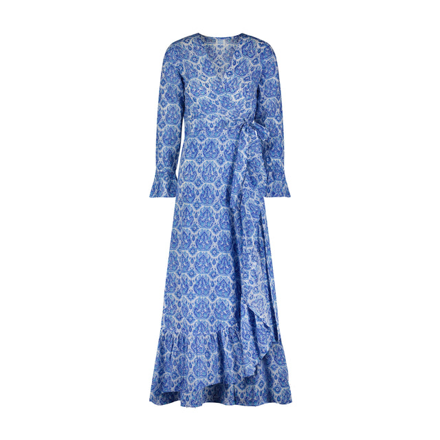 Genevieve Women's Ruffle Wrap Dress Blue Paisley