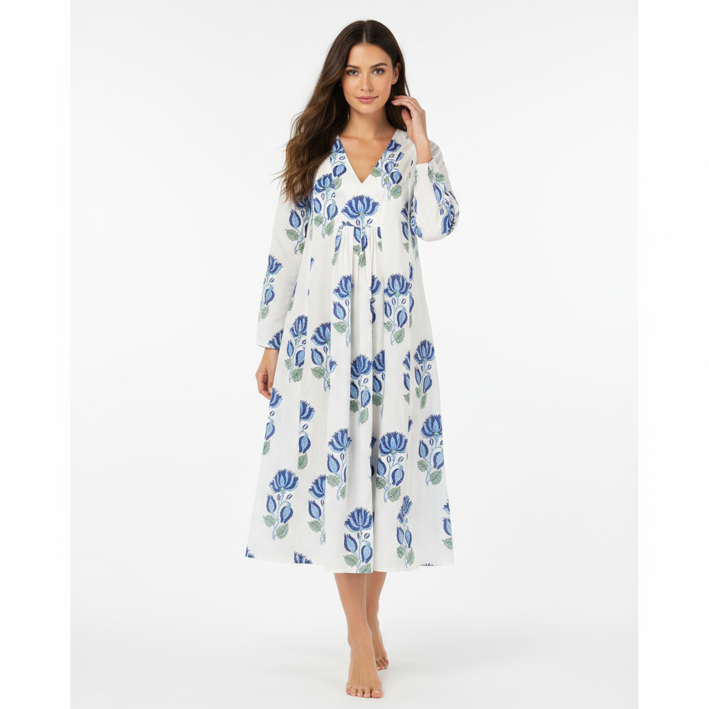 St Barth Women's Kaftan Blue Lotus Block Print