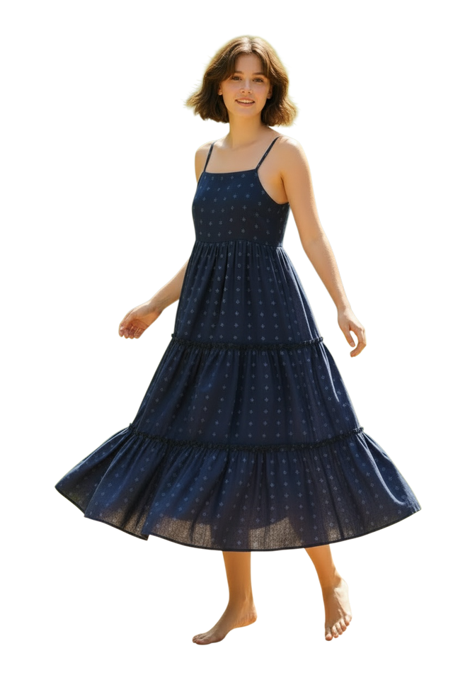 Emilie Women's Maxi Strappy Sundress Navy Turquoise Swiss Dot