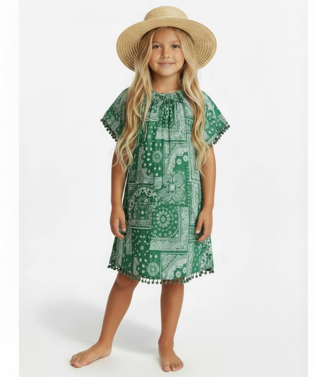 Mini Capucine Girls' Kaftan Patchwork Bandana Green