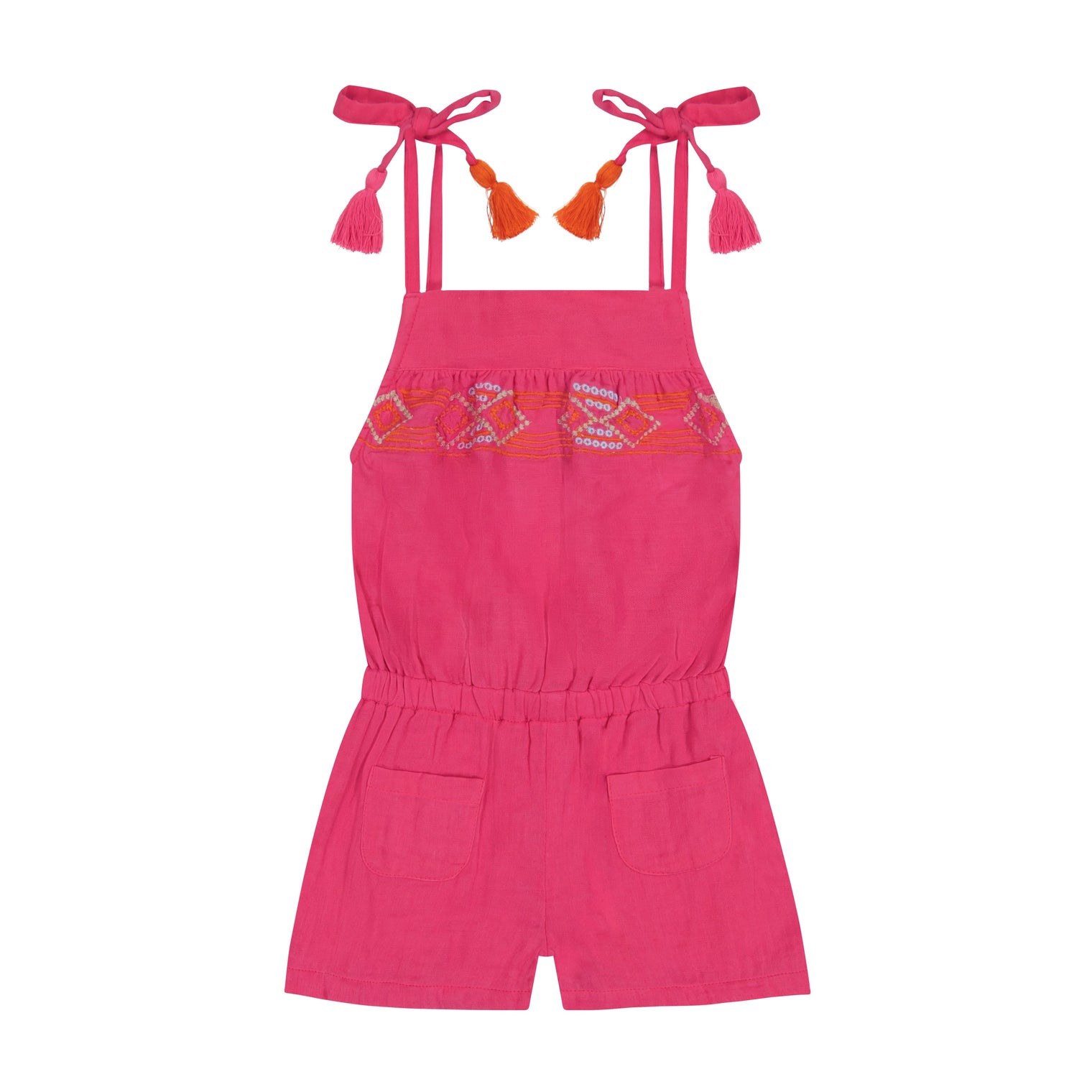 Inez Girls Shoulder Tie Romper Raspberry Embroidery