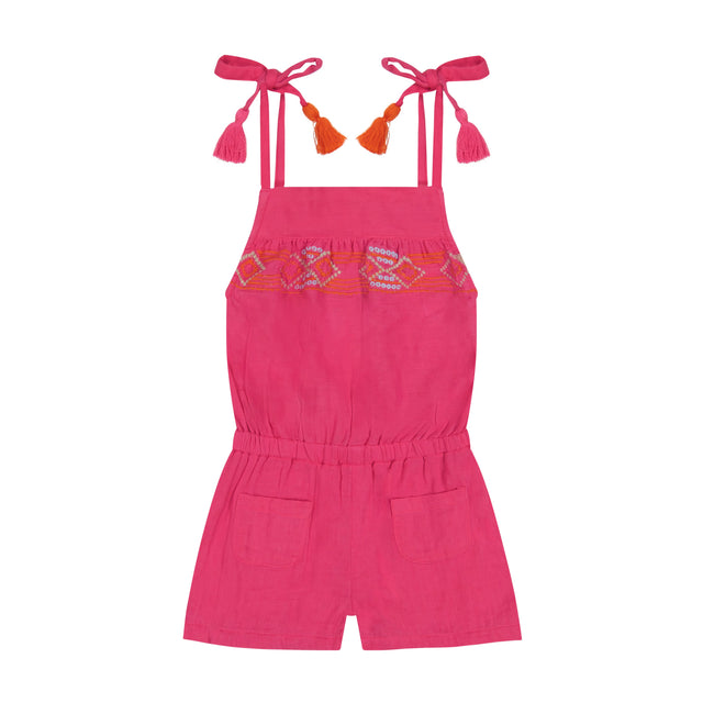 Mer St Barth Inez Girls' Shoulder Tie Romper Raspberry Embroidery
