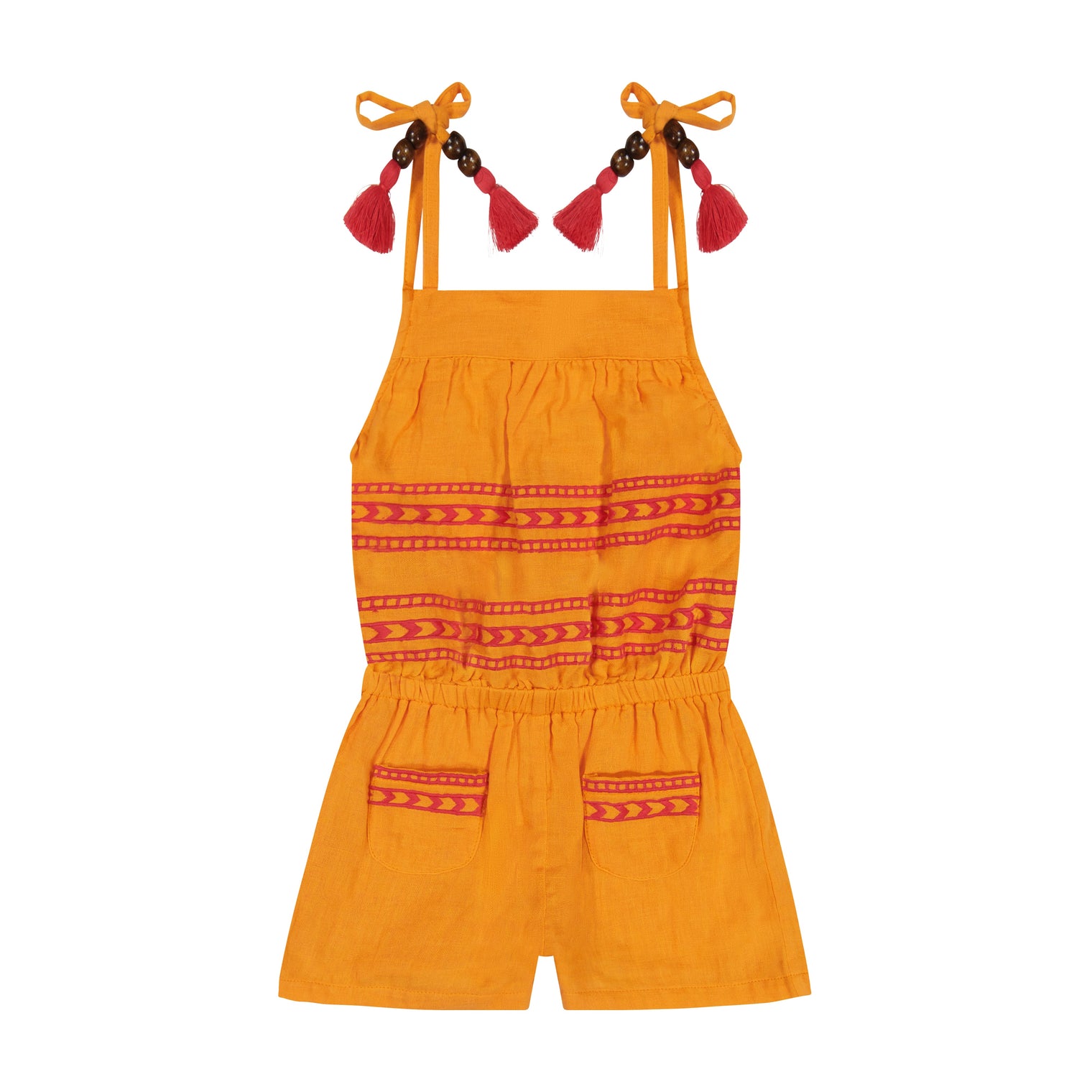 Inez Girl's Shoulder Tie Romper Sunkist Embroidery