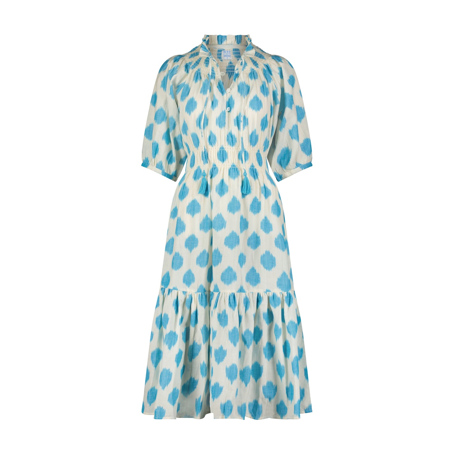 Juliet Women's Smocked Neck Maxi Dress Cream Aqua Ikat