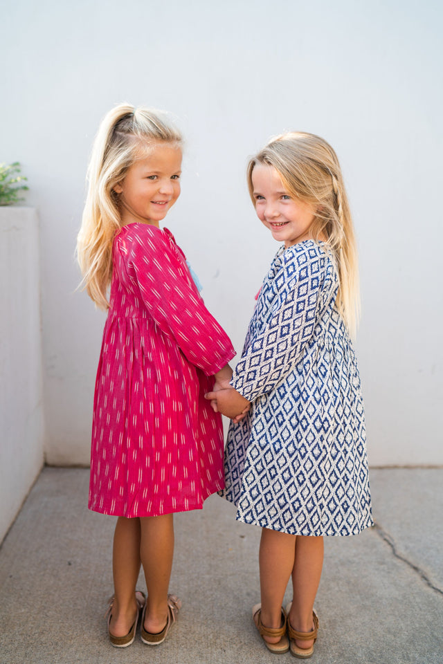 Sara Girl's Popover Dress Navy Ikat