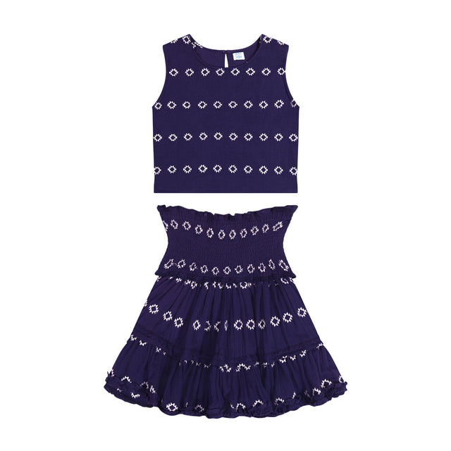 Maribel  Women's Tank and Skirt Set Navy Embroidery