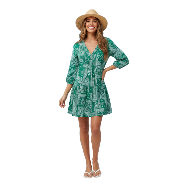Pre-Order Marina Women's Mini Dress Patchwork Bandana Green