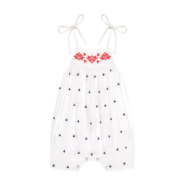 Mer St Barth Marley Shoulder Tie Baby Romper Red White Navy Embroidery