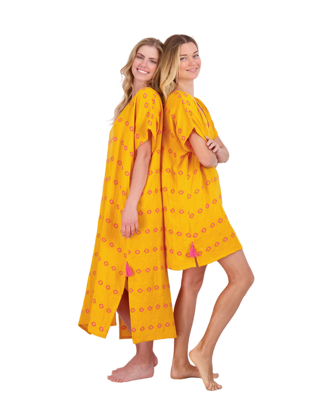Mer St Barth Capucine Women's Maxi Caftan Dress Marigold Embroidery