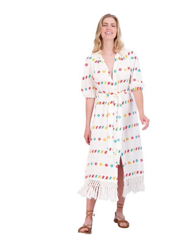 Mer St Barth Estelle Women's Fringed Shirtdress White Embroidery