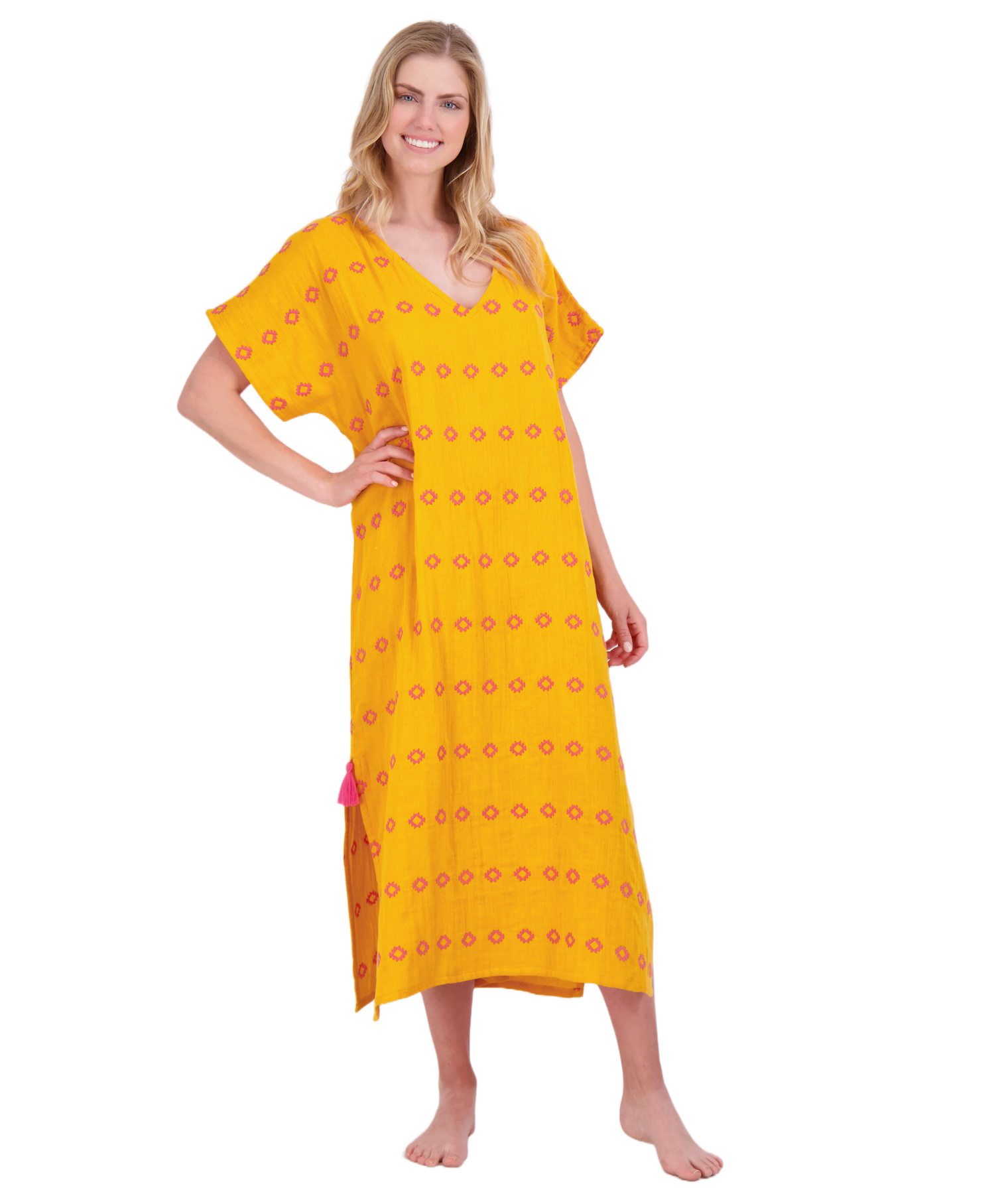 Mer St Barth Capucine Women's Maxi Caftan Dress Marigold Embroidery