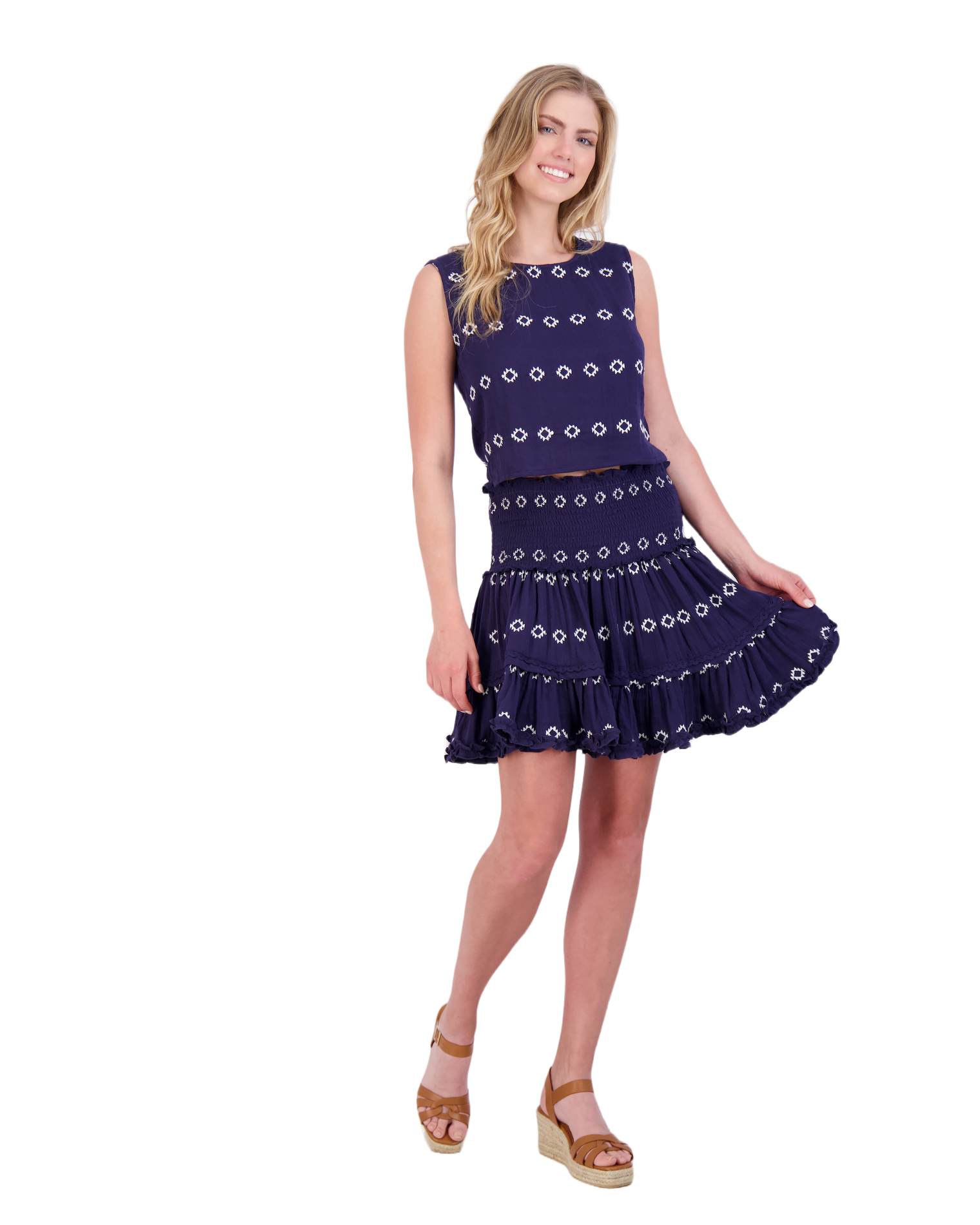 Maribel  Women's Tank and Skirt Set Navy Embroidery