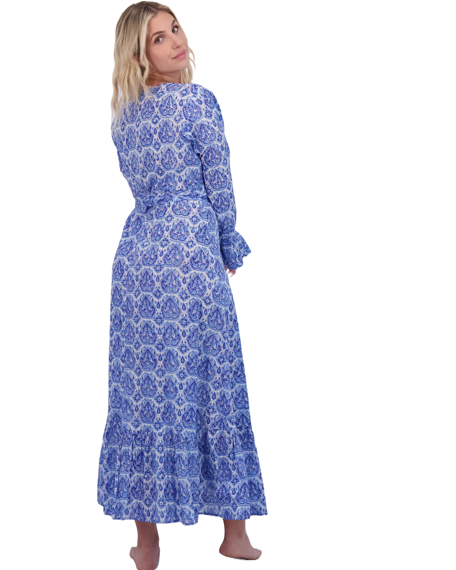 Genevieve Women's Ruffle Wrap Dress Blue Paisley