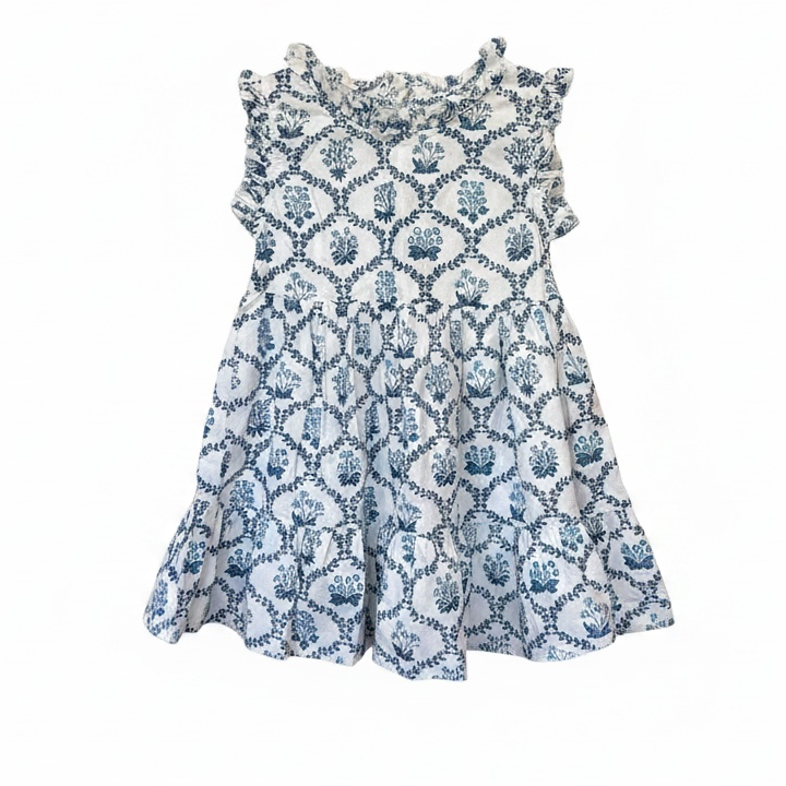 Ondine Ruffle Dress Blue Trellis Blockprint