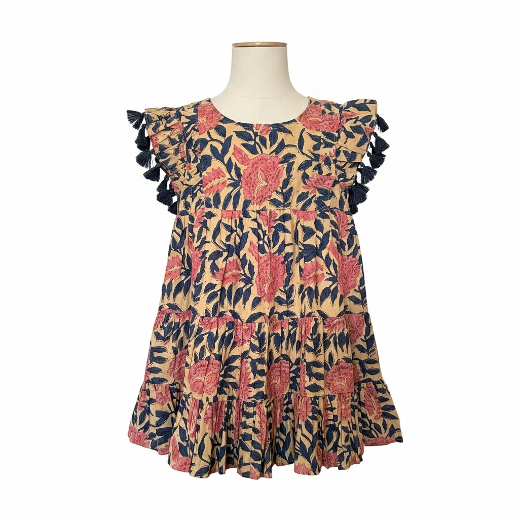 Sophie Girls Tassel Dress Pink Cream Floral Blockprint