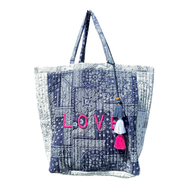 Mer St Barth Saline Beach Tote Patchwork Bandana Navy White "Love"