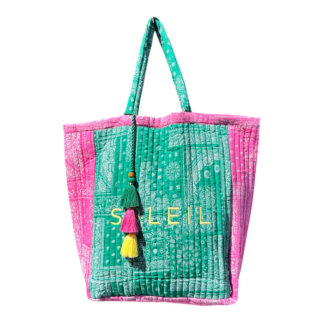 Mer St Barth Saline Beach Tote Patchwork Bandana Green Pink "Soleil"