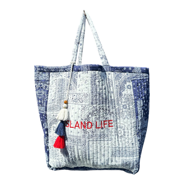 Mer St Barth Saline Beach Tote Patchwork Bandana White Navy "Island Life"