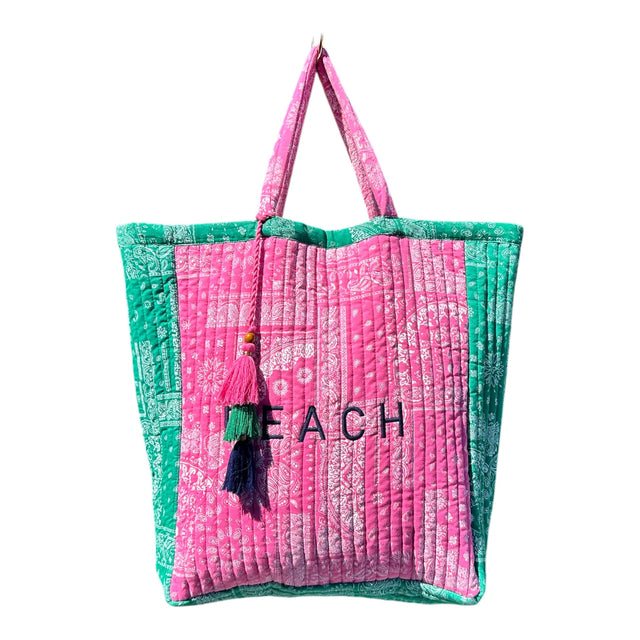 Mer St Barth Saline Beach Tote Patchwork Bandana Pink Green "Beach"