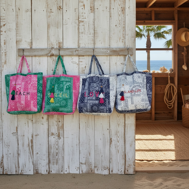 Saline Beach Tote Patchwork Bandana Pink Green "Beach"