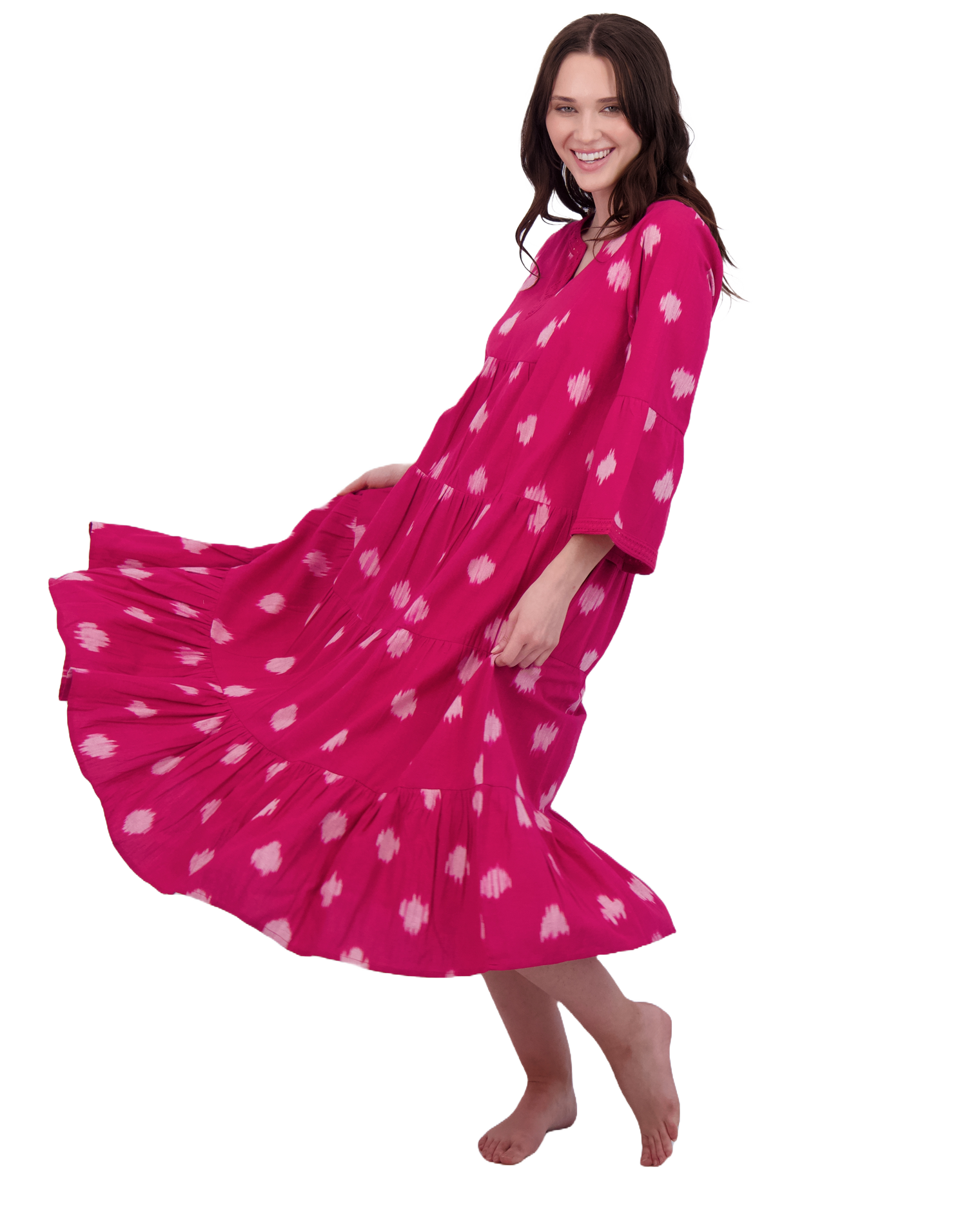 Suri Women's Bell Sleeve Dress Raspberry Ikat
