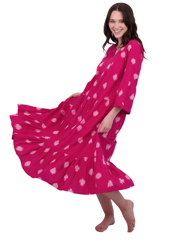 Mer St Barth Suri Women's Bell Sleeve Dress Raspberry Ikat