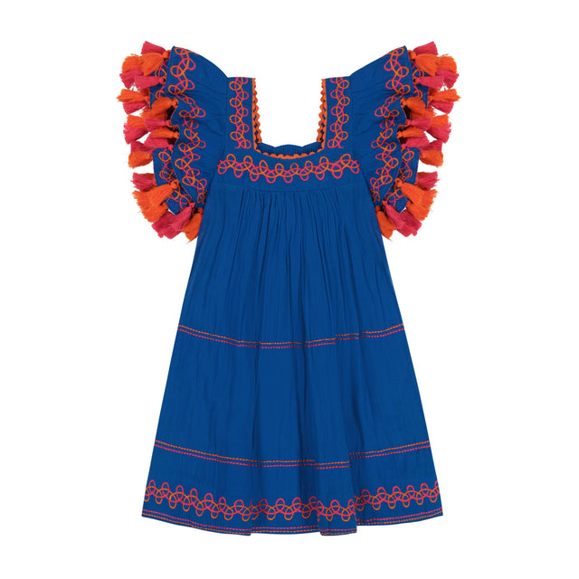 Mer St Barth Serena Girls' Tassel Dress Classic Blue Embroidery