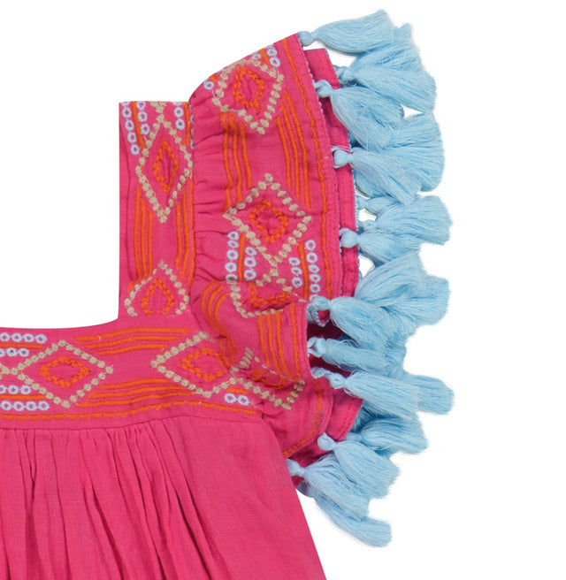 Serena Girl's Tassel Dress Raspberry Embroidery