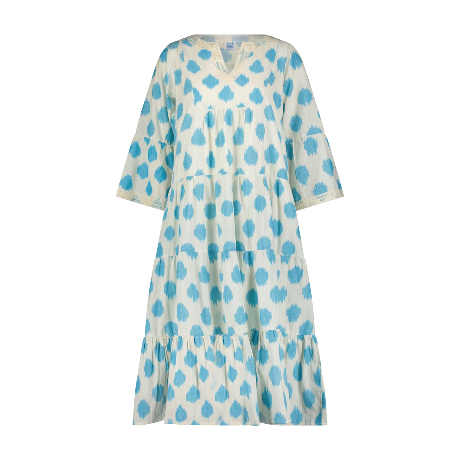 Suri Women's Bell Sleeve Dress Aqua Cream Ikat