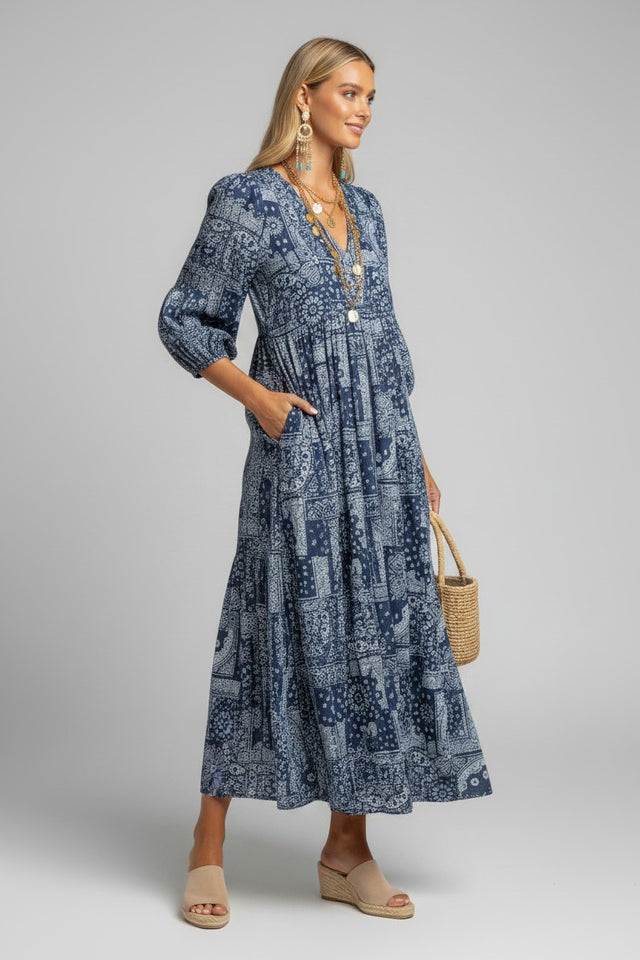 Pre-Order Amalie Women's Kaftan Patchwork Bandana Navy
