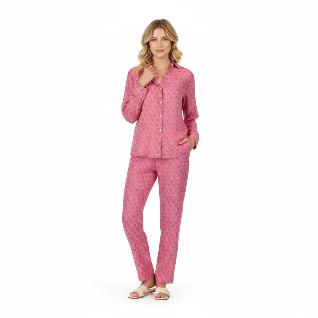 Clementine Womens Top & Pant Set Pink Palm