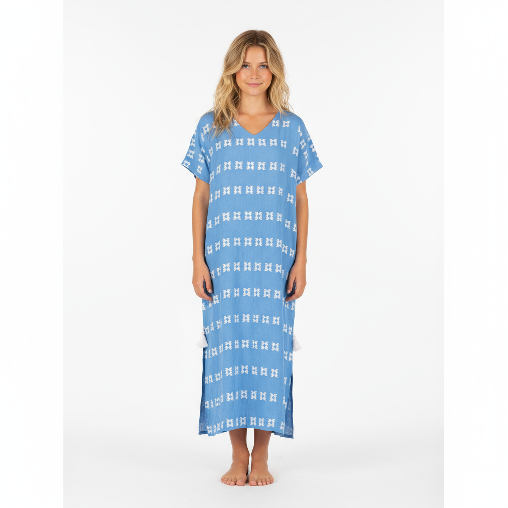 Mer St Barth Capucine Maxi Women's Caftan Sky White Embroidery